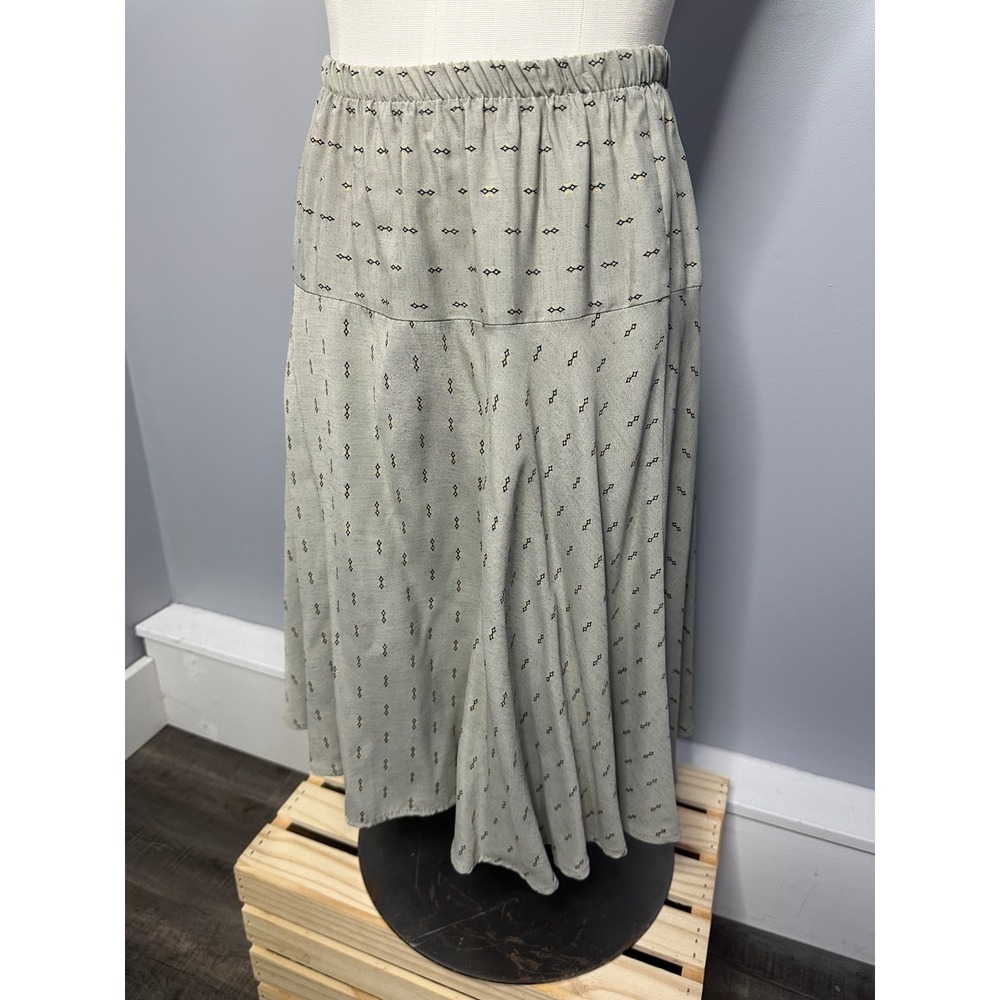 Vintage Midi Skirt Geometric Diamond Print Elastic Waist Beige Tan Size 12